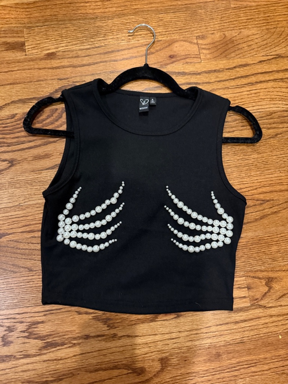 Pearl Skeleton Appliqué Black Crop Tank Top, Size Small